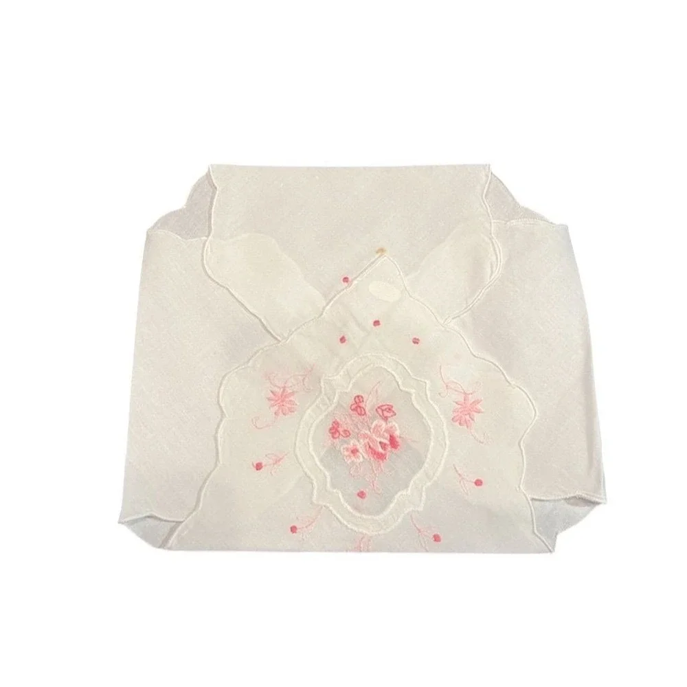 Sophisticated Thread 12pc White napkins Handkerchief‎ Set Pink Floral Embroidery